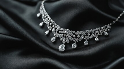 Fototapeta premium Elegant diamond necklace on black satin luxury fabric background
