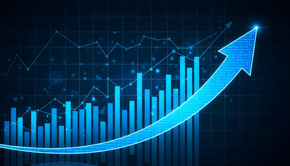 Blue upward arrow on digital graph with glowing data over dark grid background, symbolizing business success and financial improvement