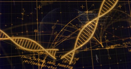 Larger DNA helix sliding into center, rotating, forming dotted arcs visualizing data network - Powered by Adobe