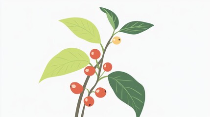 Stylized branch with red berries and green leaves against a white background