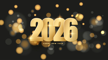 2026 Happy New Year banner. Gold color. New Year 2026 bright festive holiday background. Bokeh lights. Vector illustration.