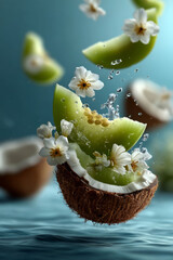 A surreal tropical illustration featuring honeydew melon slices in coconut shells with flowers
