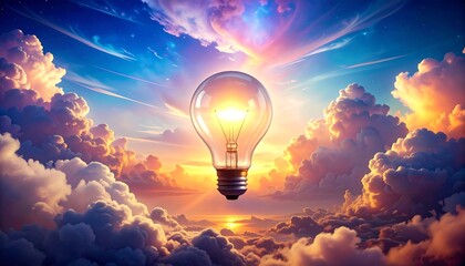 Glowing Lightbulb in Sunset Sky.