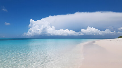 Calm ocean beach with clear turquoise water and white sand under bright blue sky with large fluffy clouds creating peaceful and serene atmosphere
