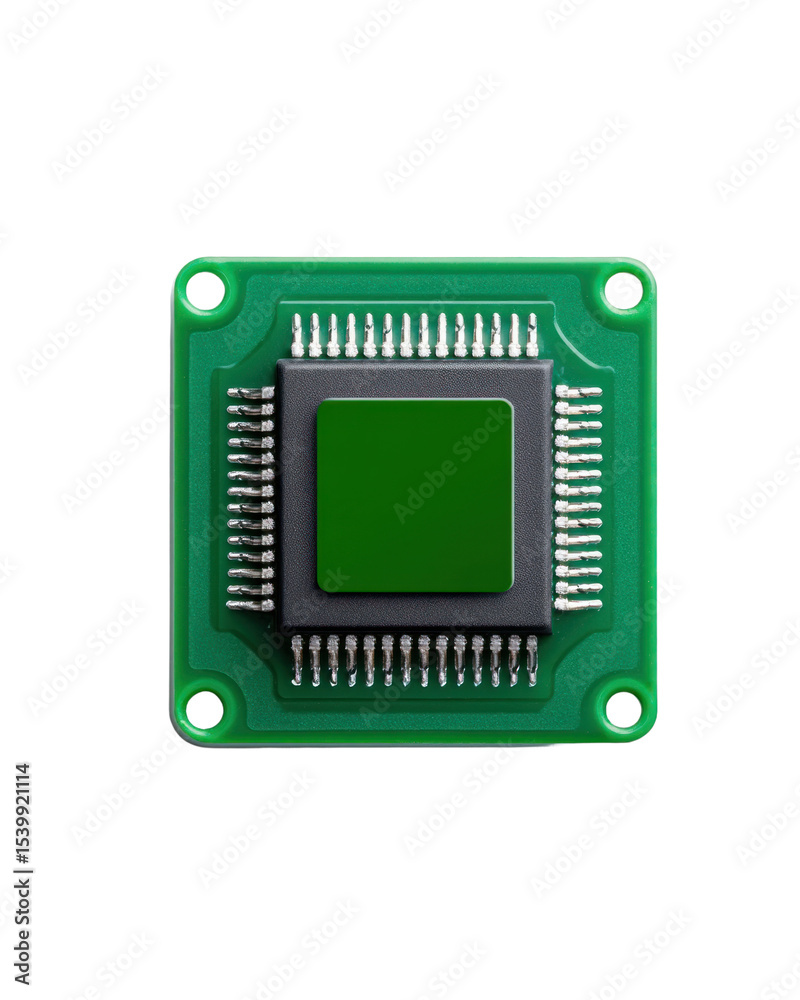 Poster Green Circuit Board with Integrated Microchip Technology Close Up Shot isolated on transparent background