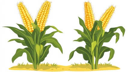 Two cartoon corn plants, golden kernels and large green leaves, are set on sandy soil