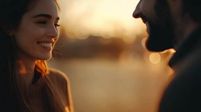Smiling woman receiving small gift box tied with red ribbon from man during warm sunset moment, couple exchanging present with happiness