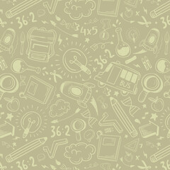 Education doodle seamless pattern. Science line hand drawn elements - mathematics formula, chemistry molecule, dna, graph, scientific experiment vector repeated background