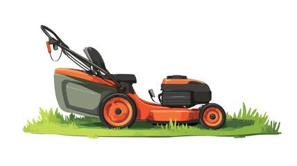 Fototapeta premium A digitally rendered illustration of an orange and grey lawn mower situated on a patch of green grass against a white background. The lawn mower is shown in three-quarter profile view, slightly