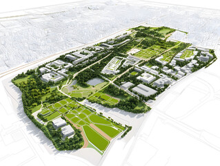 Urban park design with green spaces, trees, pathways, and buildings in city layout, showing detailed architectural plan with natural and constructed elements