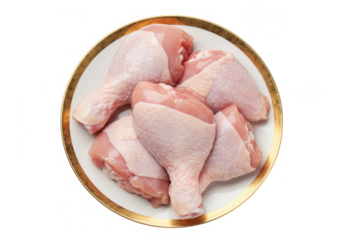 Raw chicken drumsticks on plate isolated on transparent background