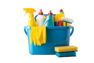 Cleaning supplies in blue bucket isolated on transparent background