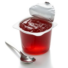 same jelly cup with spoon and lid off, macro jelly surface , isolated on white background