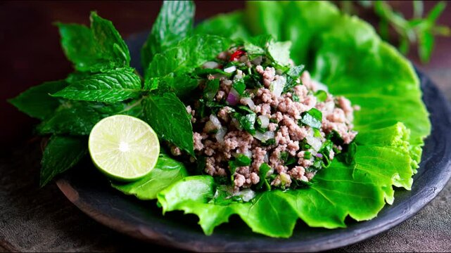 Close up of laab with lettuce and lime on a plate showing the delicious thai dish presentation