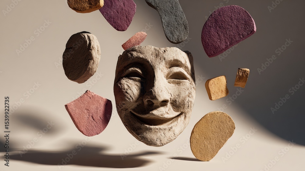 Aufkleber Smiling Clay Face Surrounded by Colorful Abstract Shapes in a Minimalistic Setting