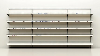 Empty supermarket shelves against a white wall.