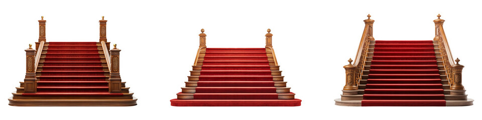Collection of nice vintage wooden staircases with red carpets, isolated on a transparent background