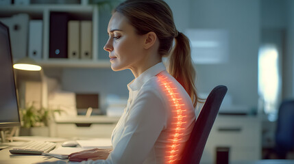 Smiling young businesswoman works on her laptop in a bright office, embodying a modern professional lifestyle