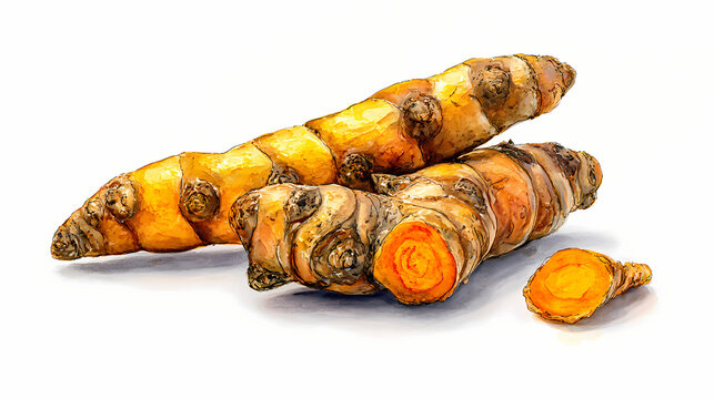 Watercolor Illustration of Amba Haldi (Wild Turmeric) – Sliced and Whole Yellow Rhizomes on White Background