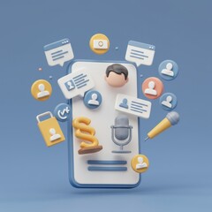 3D Illustration of Mobile App Interface with Social Media and Communication Features