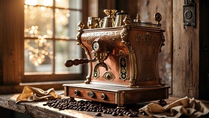 The intricate details of an antique espresso machine