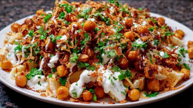 Close up shot of a plate of fatteh with chickpeas, herbs, fried onions and a creamy white sauce