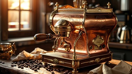 The intricate details of an antique espresso machine