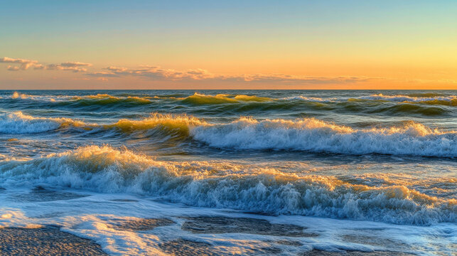 Tranquil ocean view with calm waves under golden sunset, minimalist seascape with copy space, conveying peace, relaxation and freedom of coastal life.