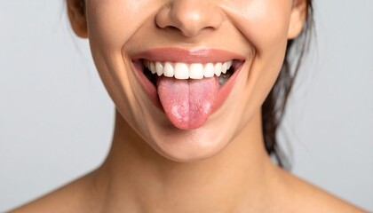 Womans smiling face with tongue out.