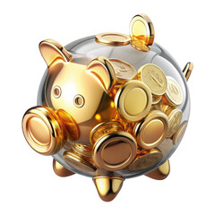 3d golden piggy bank with coins isolated on transparent background