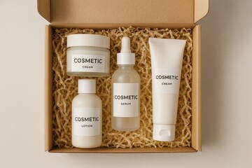 Cosmetic cream, lotion, and serum bottles in cardboard box with filler. Skincare packaging mockup for branding presentation