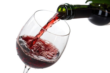 Red wine pouring into glass isolated on transparent background