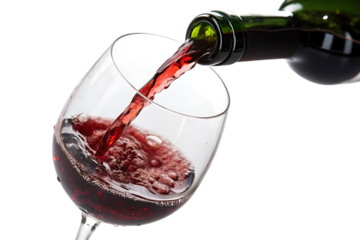 Red wine pouring into glass isolated on transparent background
