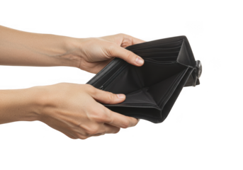 Empty wallet held in hands isolated on transparent background