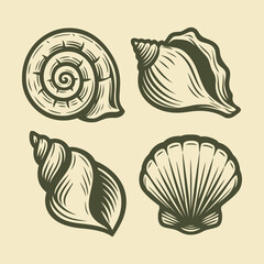 Vintage Linocut Style Sea Shell Illustration Set