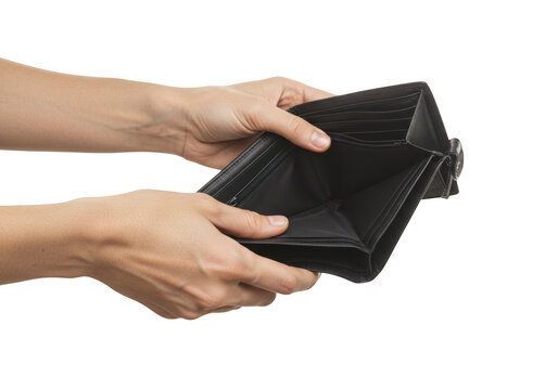 Empty wallet held in hands isolated on transparent background