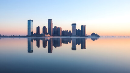 City skyline reflection calm water sunset sky modern buildings urban landscape peaceful scene clear sky waterfront view high rise architecture tranquil atmosphere