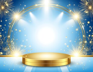 The golden pedestal on the stage has a light blue background with glowing golden rays. There are golden elements around the edges, fragments of fireworks, creating a festive effect.