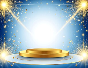 The golden pedestal on the stage has a light blue background with glowing golden rays. There are golden elements around the edges, fragments of fireworks, creating a festive effect.