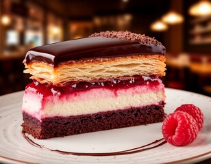A piece of raspberry cake, a blurred background, and a cross-section of a luxurious puff pastry cake. raspberries on the plate, glossy dark chocolate glaze, delicate sponge cake, light choco