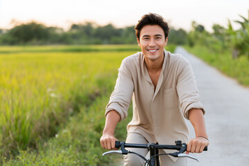 Obraz premium A joyful cyclist with dark hair on the road smiles for the camera, as he enjoys the freedom and serenity of a sunny day. The image captures the spirit of adventure and the simple pleasure of cycling.