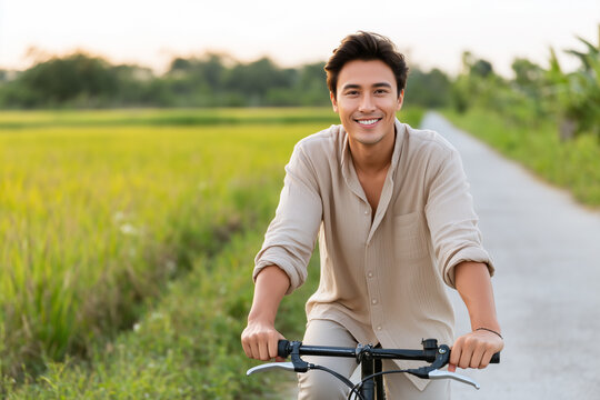 A joyful cyclist with dark hair on the road smiles for the camera, as he enjoys the freedom and serenity of a sunny day. The image captures the spirit of adventure and the simple pleasure of cycling.