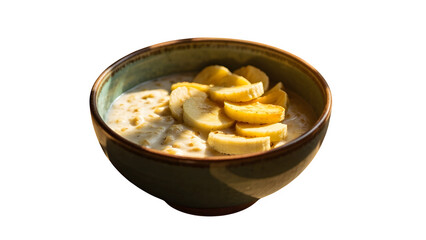 Banana Pieces Plopping into a Milk-filled Oatmeal Bowl

