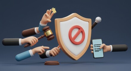 3D Render of Digital Security and Legal Protection Shield with Gavel, Checklist, and Hands Representing Comprehensive Online Safety Measures