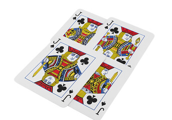 A CloseUp View of Four Playing Cards Kings and Queens of Clubs isolated on transparent baackground