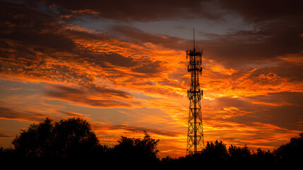 Communication tower against a stunning sunset sky.