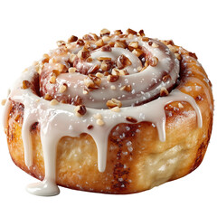 A close up of a cinnamon roll with white icing and chopped nuts on top view isolated on transparent background