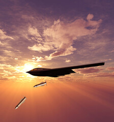 B-2 Spirit, Stealth Bomber, heavy strategic bomber, stealth technology designed to penetrate dense anti-aircraft defenses and GBU-57 MOP (Massive Ordnance Penetrator) bunker buster bomb. 3d rendering