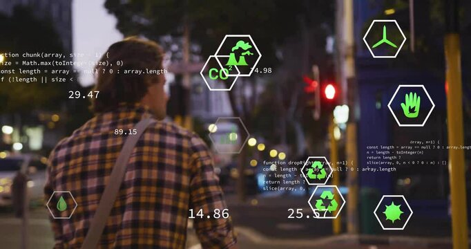 Man pushing bicycle at crosswalk, checking traffic, crossing while CO2 icons animating around him