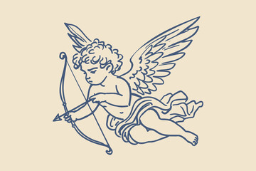 Cupid with bow flying minimalist sketch vector illustration